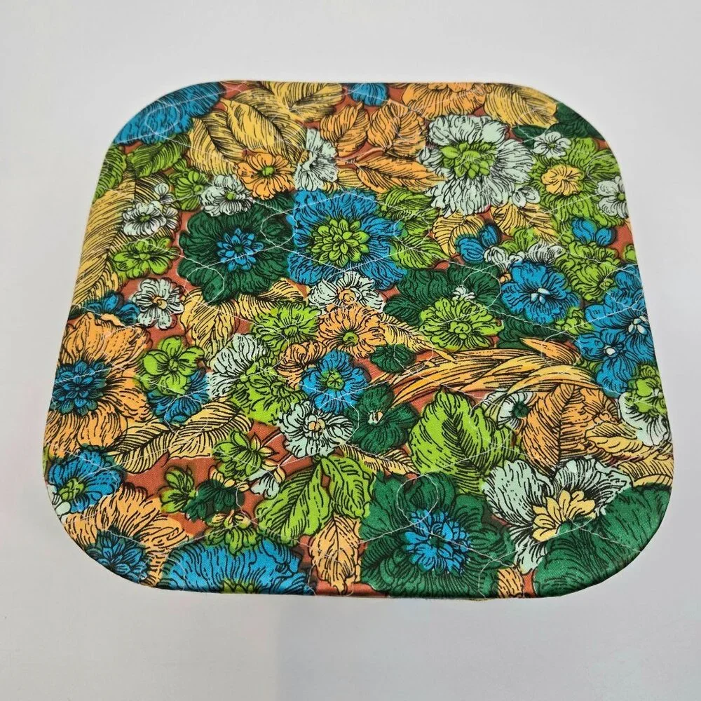 Vintage Quilted Floral Print Fabric Covered Box with Lid Square Rounded Corners